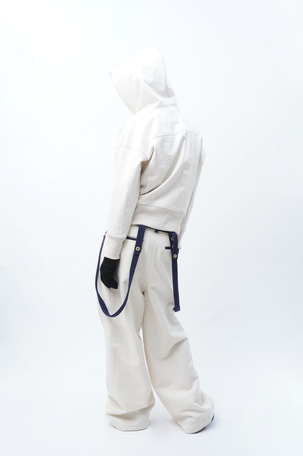 WHITE WOOL 1TUCK WIDE TROUSER WITH SUSPENDER