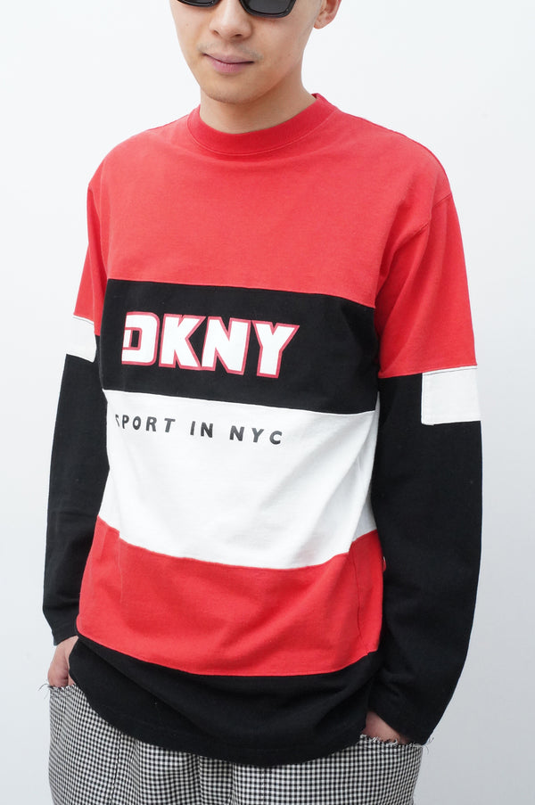 2000's "DKNY" -Logo Printed L/S Football Tee-