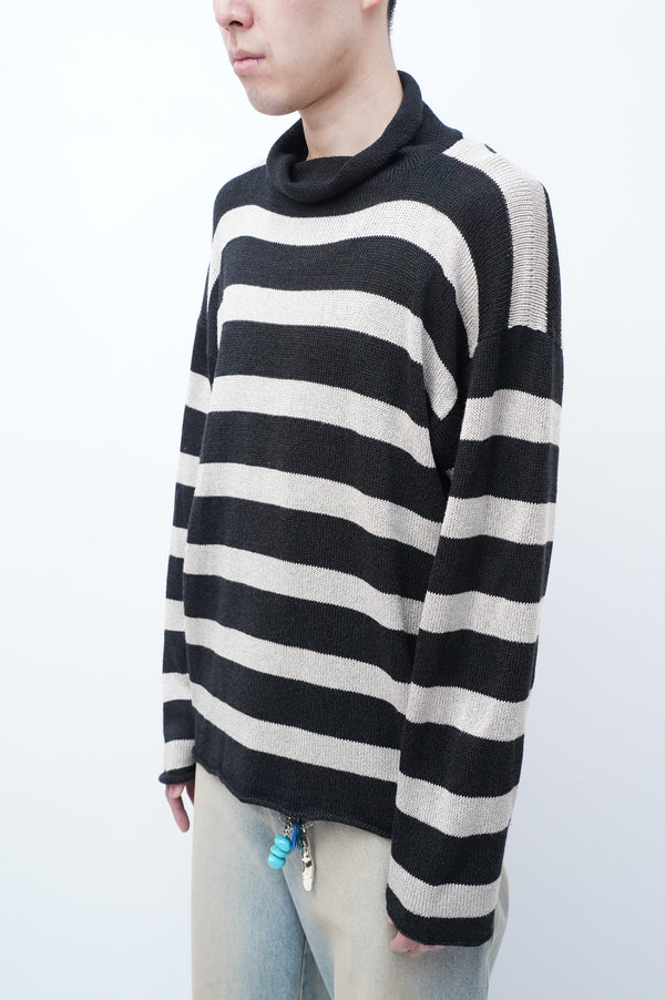 "K.I" -Rayon/Acrylic/Cotton Border Turtle Neck Knit Sweater-