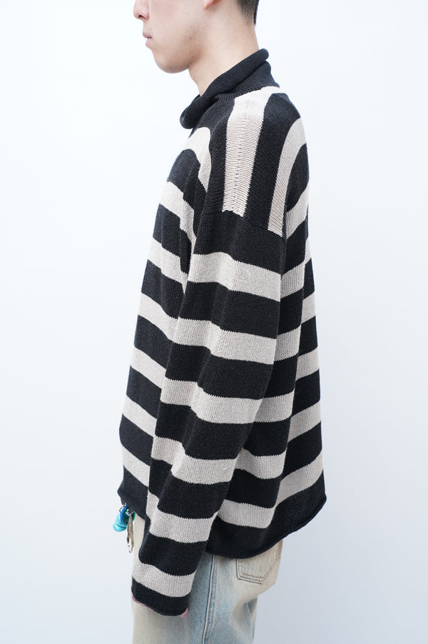 "K.I" -Rayon/Acrylic/Cotton Border Turtle Neck Knit Sweater-