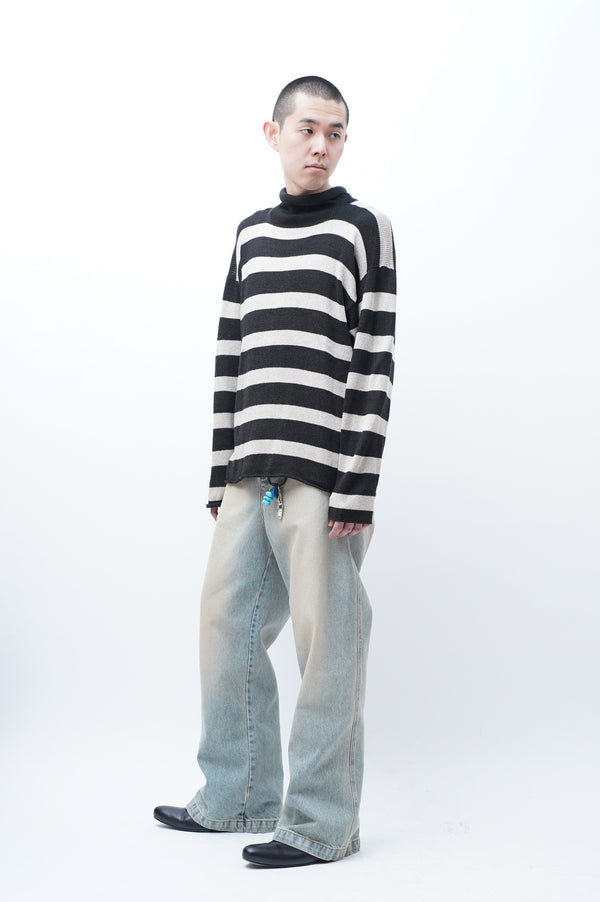 "K.I" -Rayon/Acrylic/Cotton Border Turtle Neck Knit Sweater-