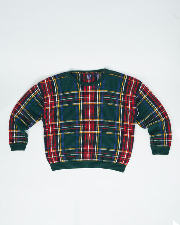 90's "GAP" -Check Cotton C/N Knit Sweater-