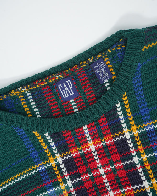 90's "GAP" -Check Cotton C/N Knit Sweater-