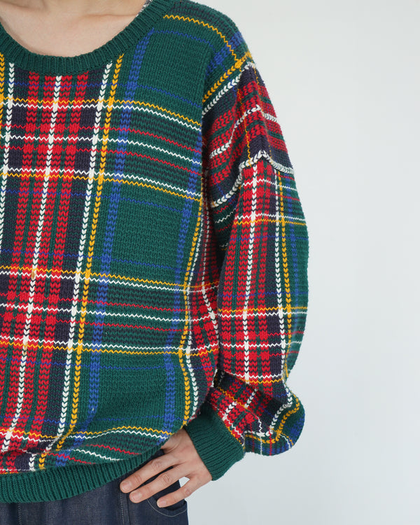 90's "GAP" -Check Cotton C/N Knit Sweater-