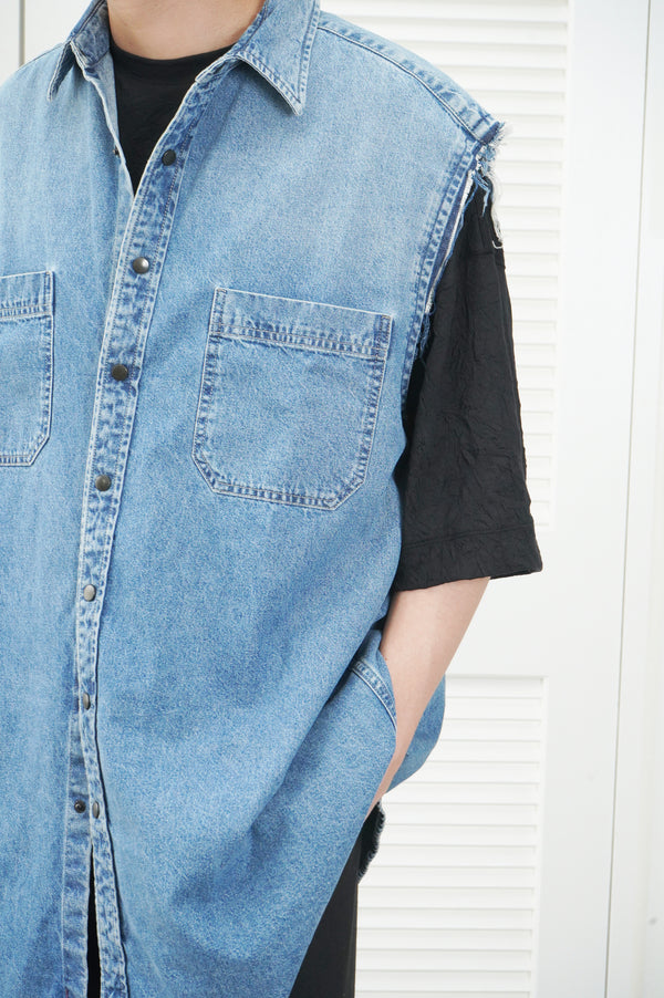 19ss "BALENCIAGA" -Cutoff Denim No Sleeve Shirt-