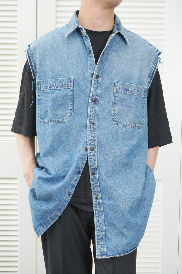 19ss "BALENCIAGA" -Cutoff Denim No Sleeve Shirt-