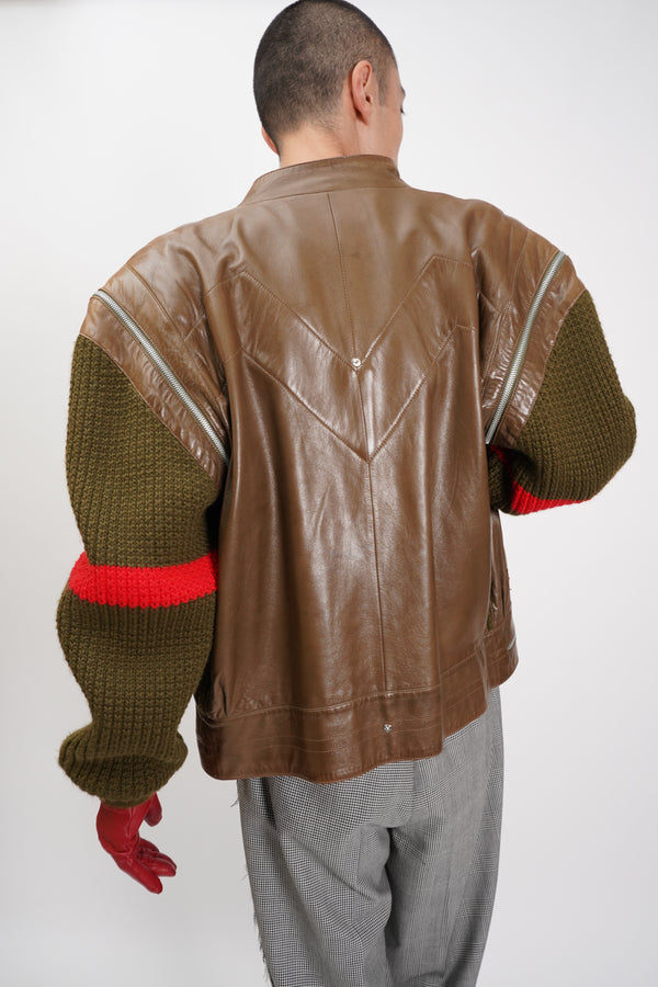 80's "Claude Montana" -Lamb Leather/Wool Knit Switched Zip-up Jacket-