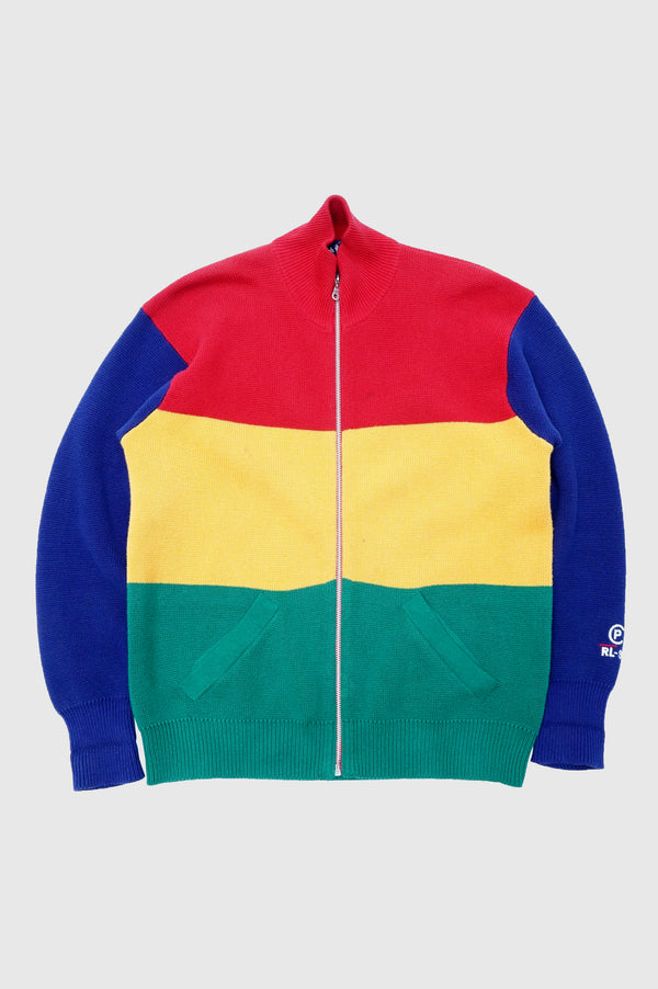 90's "RALPH LAUREN" -Multi Border Zip-up Cotton Knit Sweater-