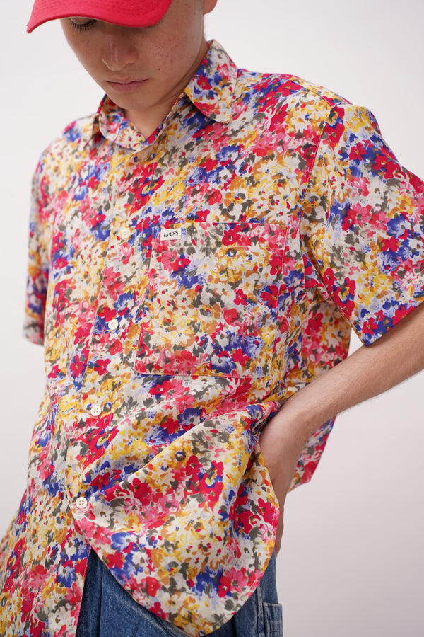 90's "GUESS" -Polyester Flower Pattern S/S Shirt-