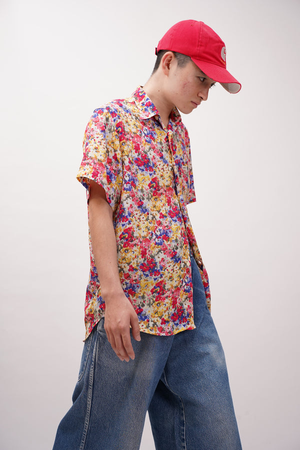 90's "GUESS" -Polyester Flower Pattern S/S Shirt-