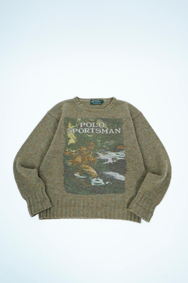 80-90’s "POLO COUNTRY RALPH LAUREN" -Printed Crew Neck Wool Knit Sweater-