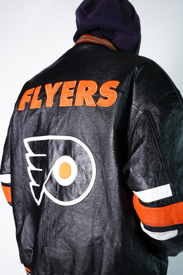 90's "Philadelphia Flyers" -Logo Embroidery Leather Studium Jacket-