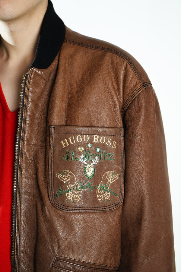 90's "HUGO BOSS" -"St. Moritz" Embroidery Leather Jacket-