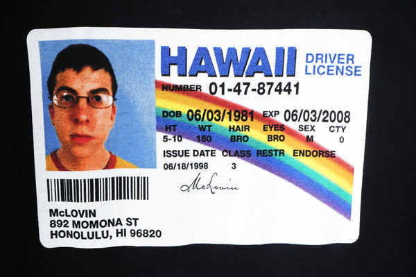 "SUPERBAD" -"HAWAII DRIVER LICENSE" Print S/S Tee-