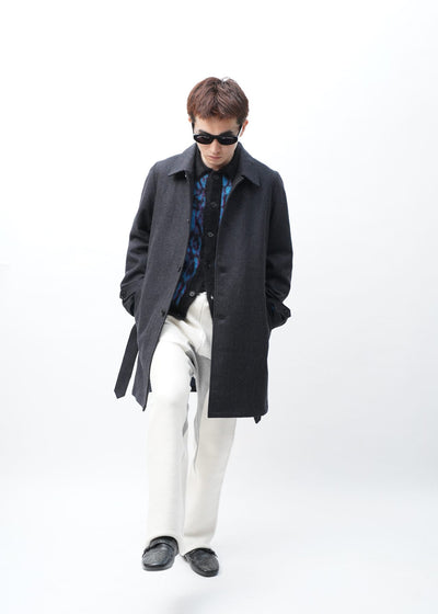 -NAVY BLACK WOOL BELTED COAT -