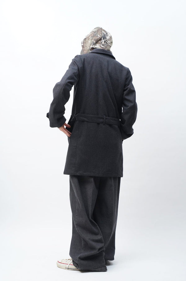 -NAVY BLACK WOOL BELTED COAT -